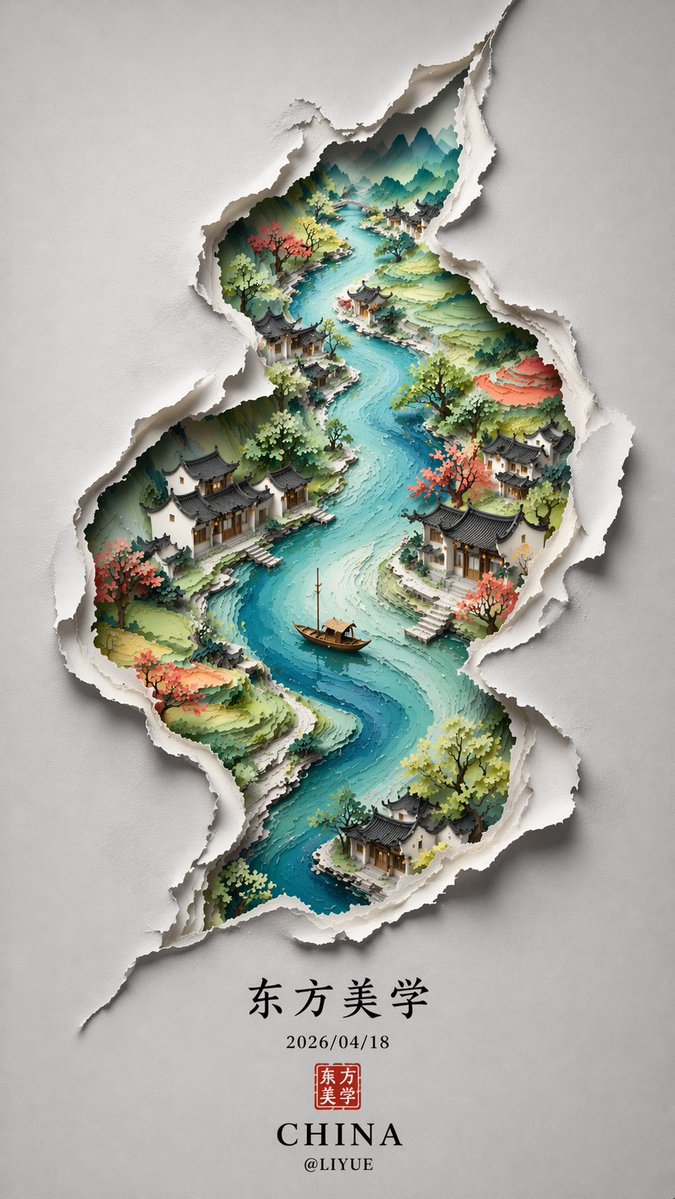 新中式S型撕纸山水海报